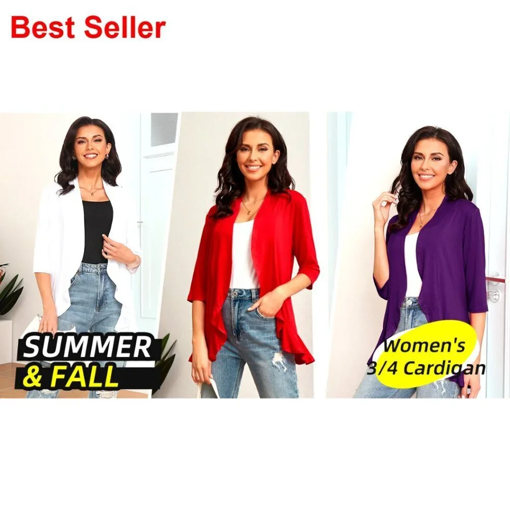 Women's 3/4 Sleeve Cardigan, Open Front, Shawl Collar, S-3XL